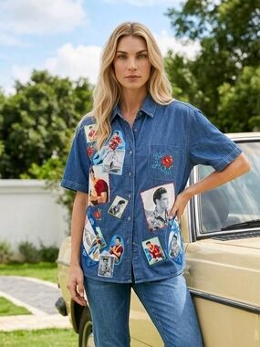 Elvis Fans! Vtg Women's Jean Shirt w/Elvis Presly Blue Hawaii Scenes L GUC